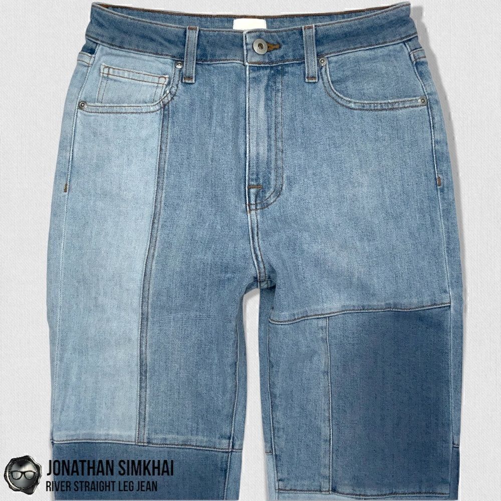 JONATHAN SIMKHAI RIVER STRAIGHT LEG DISTRESSED PATCHWORK JEANS IN INDIGO BLUE 27 - Picture 8 of 16